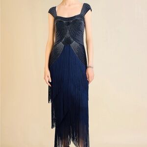 Chic Asymmetrical Navy Fringe Dress